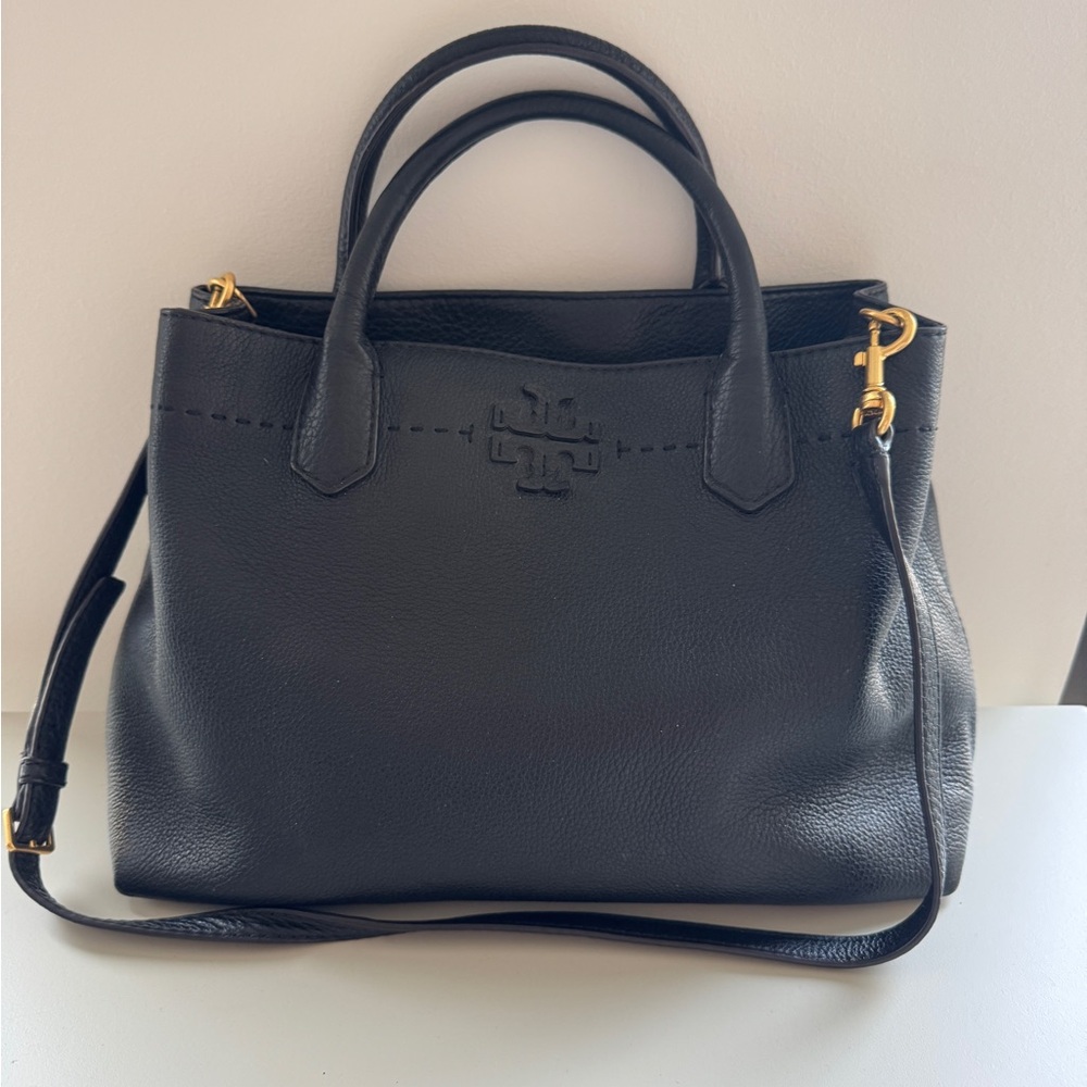 Black Tory Burch tote with shoulder strap